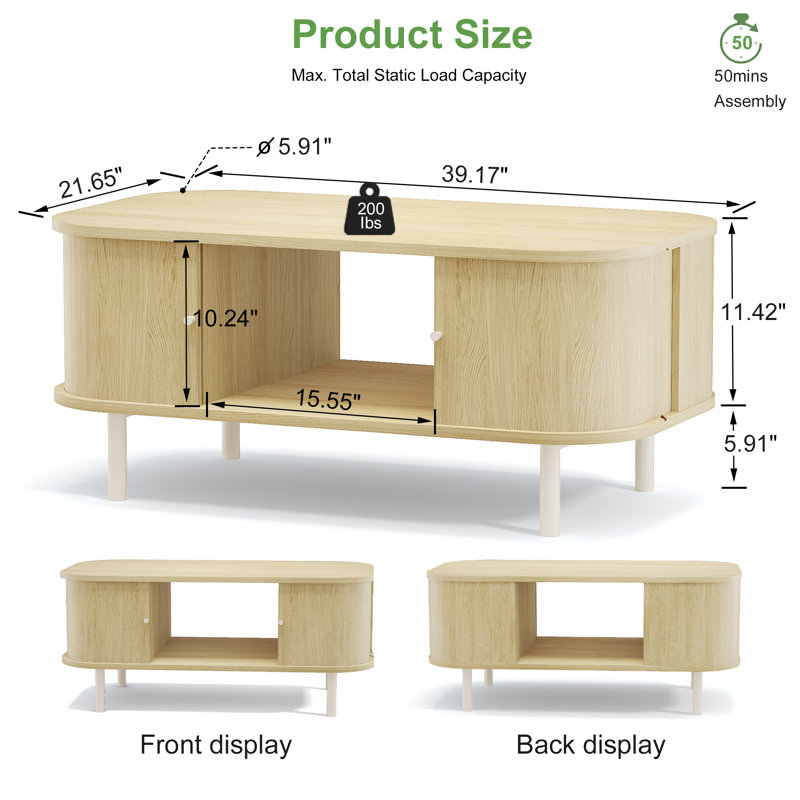 Table basse de salon 39 "avec tablette de rangement ouverte et armoires latérales, noyer, Beige