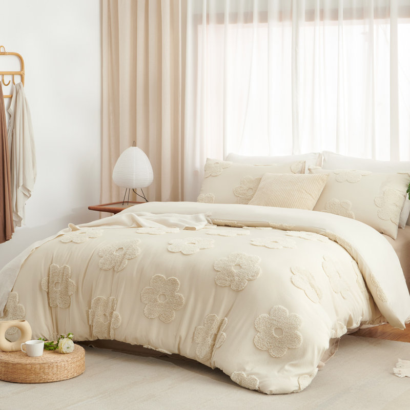 Beige Floral Tufted Bedding Duvet Cover Soft Bed Set, Queen Duvet Cover + 2 Standard Shams
