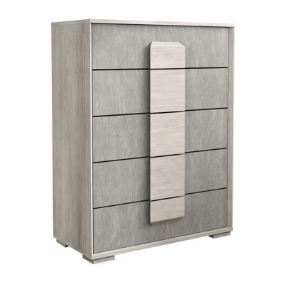 Commode haute Nomi, 5 tiroirs et plateau en mélamine, façade gris pierre