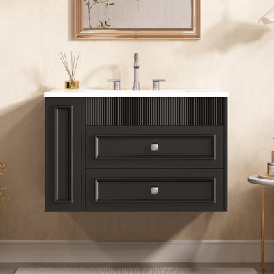 Meuble-lavabo mural moderne avec 2 tiroirs et lavabo simple en céramique 3 trous