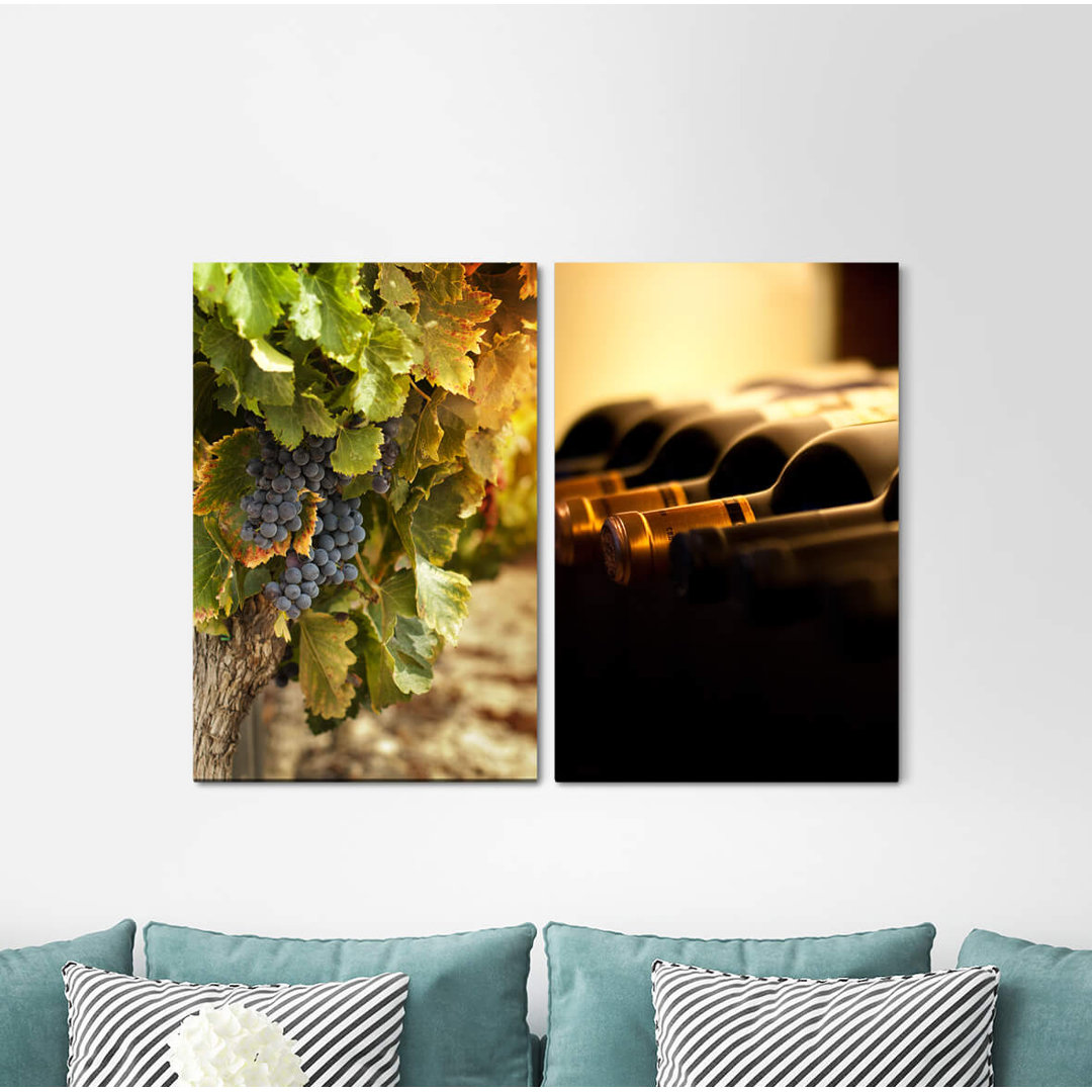 2-tlg. Leinwandbilder-Set - Grafikdruck „Grapes South France Wine Bottles Wine Mediterranean Kitchen”