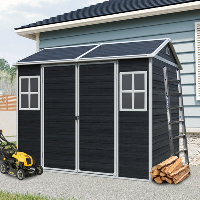 Remise de rangement extérieure en résine 8 x 6 pi imperméable avec plancher et deux fenêtres et porte verrouillable, remise à outils pour le jardin, le patio, la cour arrière