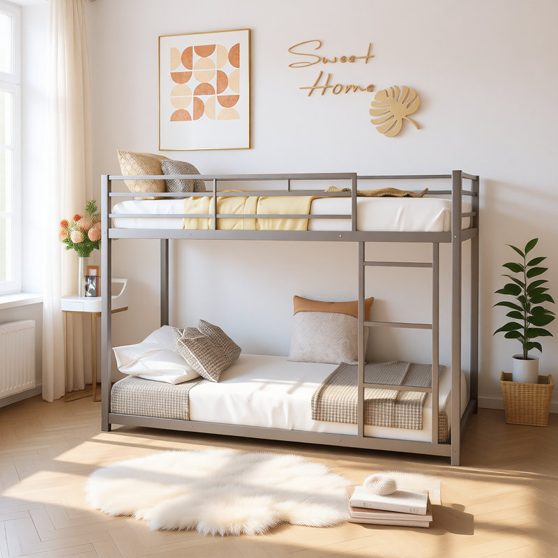Metal Bunk Bed, Low Bunk Bed with Ladder, Silver, Full Over Full