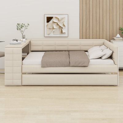 Lit plateforme tapissier avec tablettes de rangement, bureau, station de charge et lit gigogne