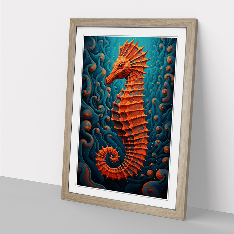 Seahorse Op - Single Picture Frame Print on Wood, Oak, 46cm H x 34cm W x 2cm D