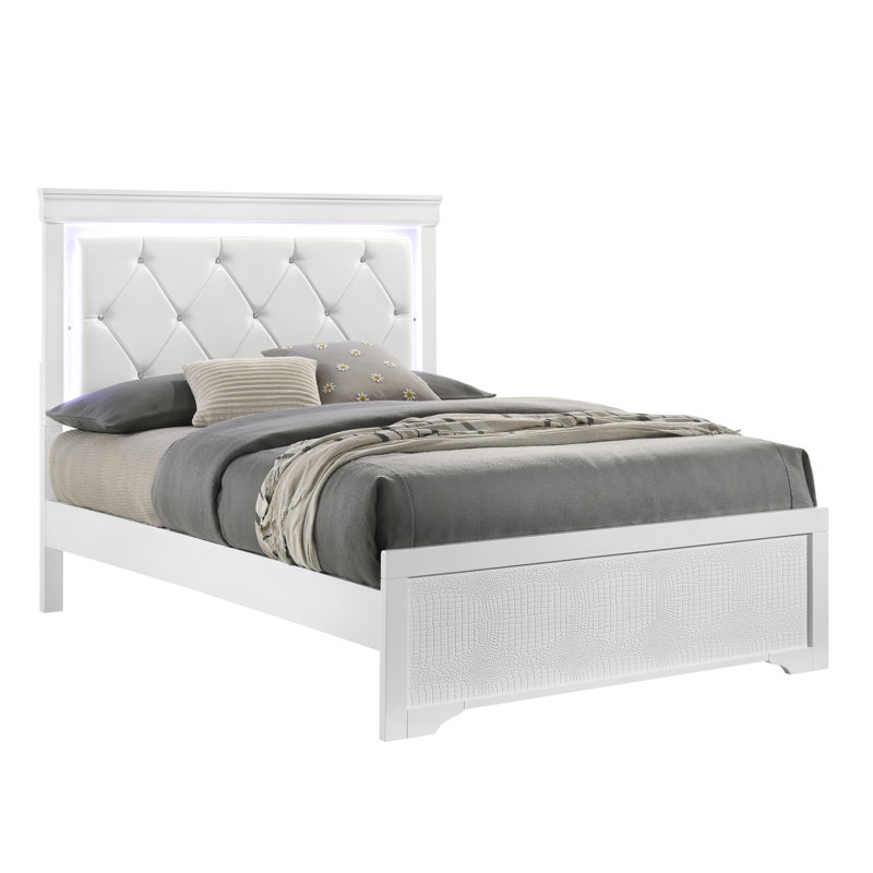 Grand lit rembourré Blaze de style moderne avec tête de lit à DEL et bois blanc