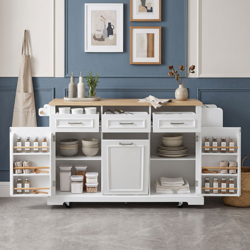 Îlot de cuisine mobile avec abattant, rangement et prise électrique intégrée, Blanc