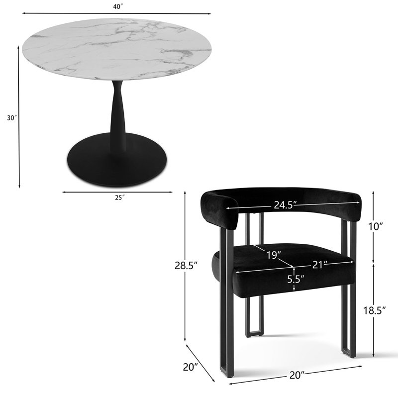 4-Person 40" Round Dining Set with Velvet Chairs, Black