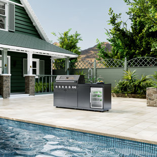 Deluxe 6-Burner Propane Gas Grill Island Outdoor Kitchen With Rotisserie Kit Refrigerator Sink In Stainless Steel