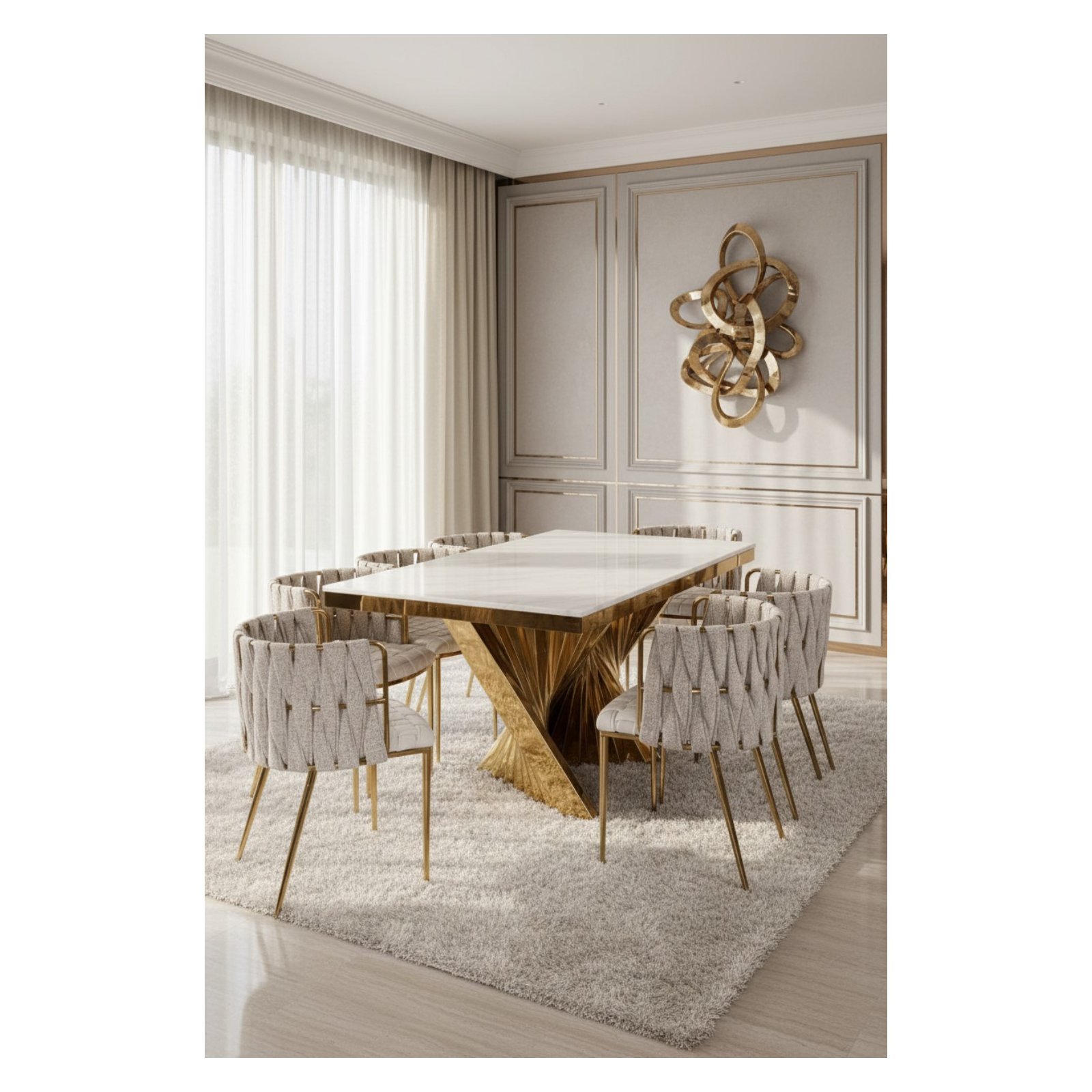 Tyrone Tufted Dining Arm Chair, Off White Faux Leather, Gold