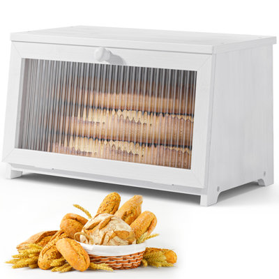 Bread Box - Wooden Bread Box for Kitchen Countertop, Large Capacity Kitchen Countertop Organizer, Stylish Bread Storage with Window, Multi-functional Container, White, 15.0"x8.3"x9.1" (1T)