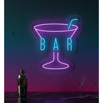  | Enseigne lumineuse au bar | Fabriqué avec un tube néon flexible et durable qui émet une lueur bleu glacier et rose pendant plus de 50 000 heures sans décoloration ni scintillement | 25 x 22 | Bleu glacier, rose