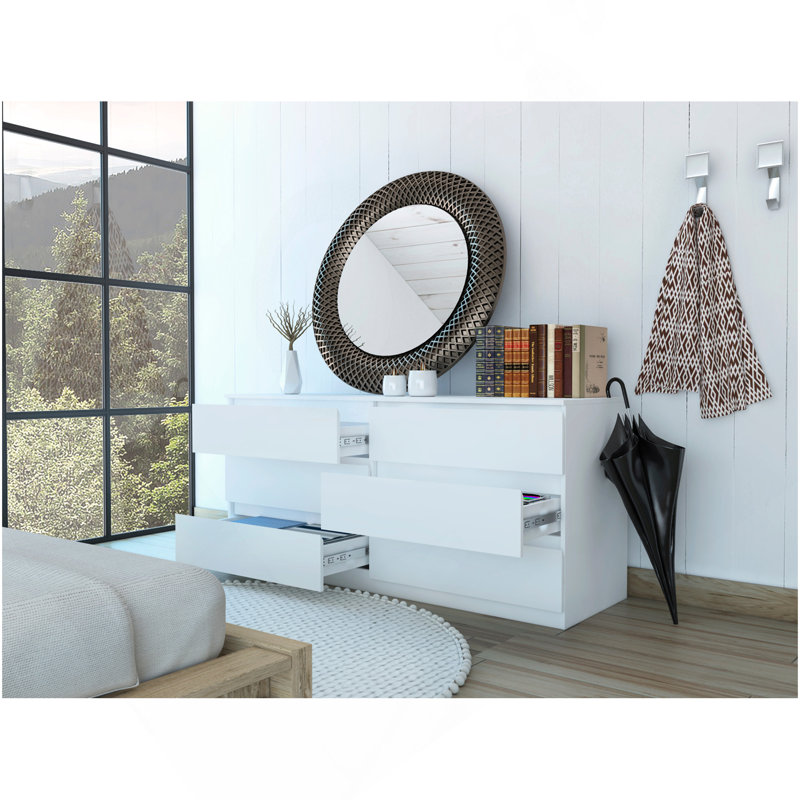 Commode double 6 tiroirs Asteria, poignées en métal - Blanc, Blanc