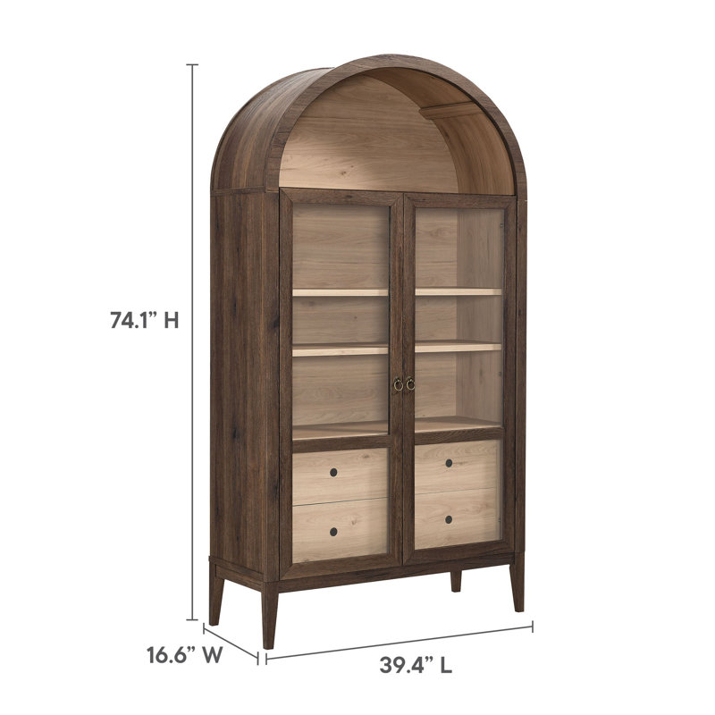 Nolan 74" Walnut Light Oak Arched Storage Display Cabinet with Glass Doors
