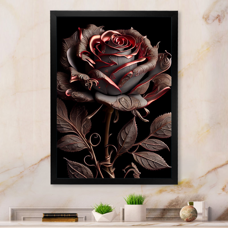 «Blossoming Rose» en rouge et gris IV - Art mural sur toile florale, H 20 po x l 12 po x P 1 po, Cadre photo noir