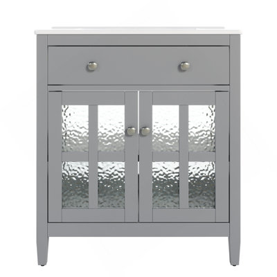 Meuble-lavabo de 30 po avec lavabo en céramique, tablette réglable et plateau basculant, meuble-lavabo avec pieds en bois, poignées en métal argenté et charnières à fermeture en douceur, gris