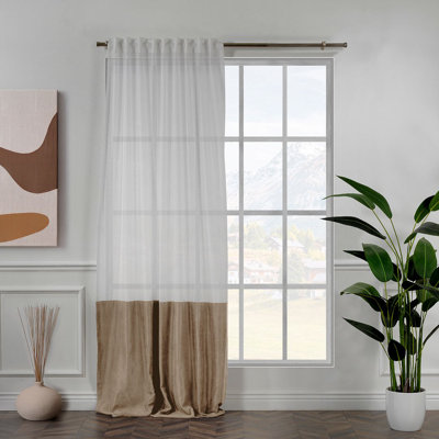 Color Block Extra Long & Extra Wide Faux Velvet Down Faux Linen Sheer Top Single Panel