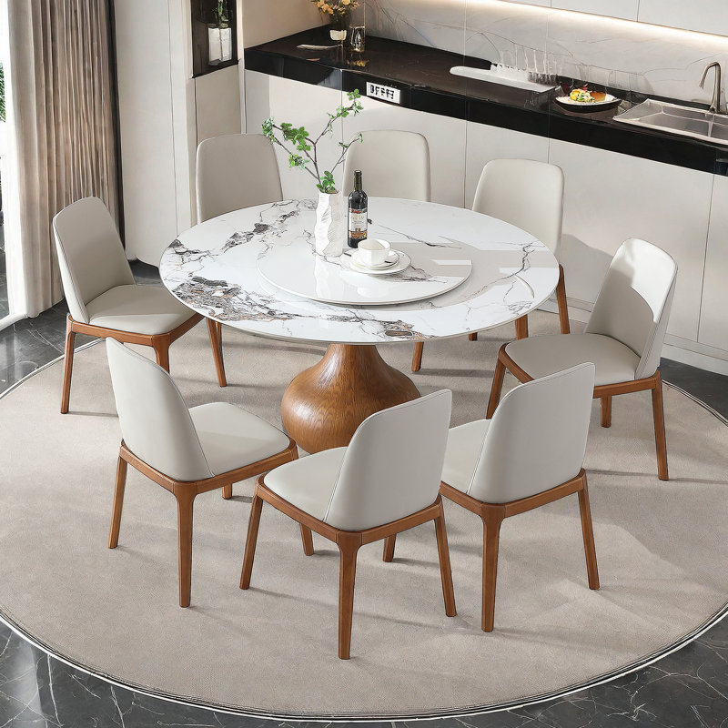 Table de salle à manger 53 po ronde en pierre frittée d'aspect marbre moderne, salle à manger, espace compact avec plateau tournant (8 chaises)
