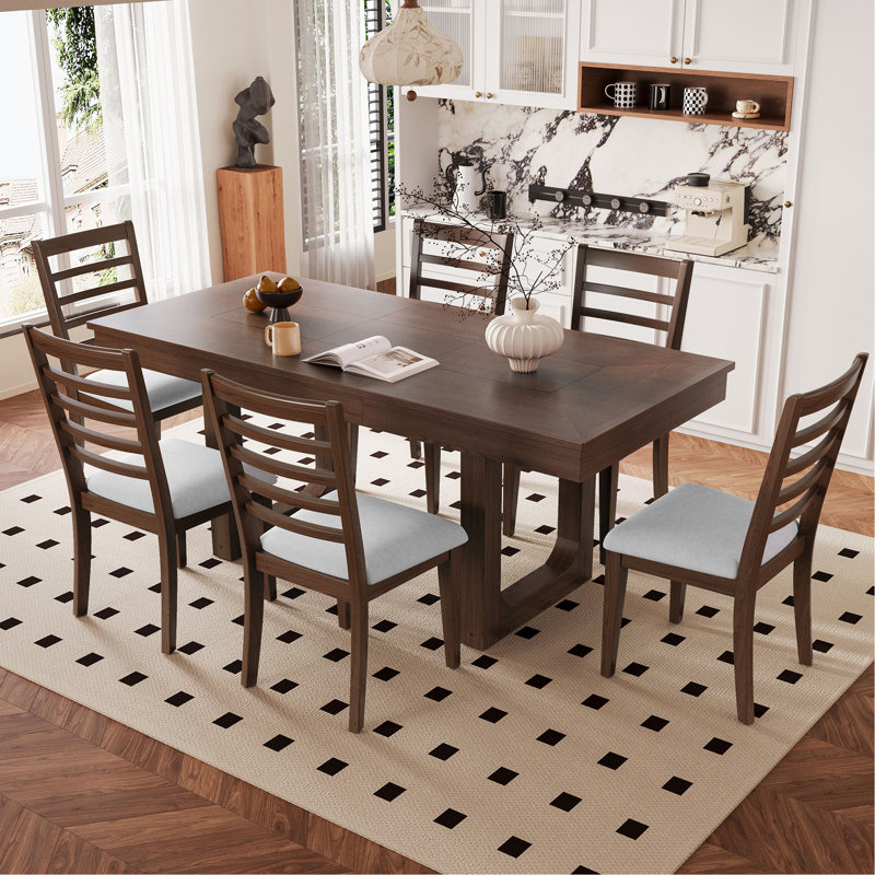 Ensemble de table de salle à manger extensible 7 pièces, table de ferme avec rallonge 18 ", table de cuisine rustique en bois 78" et chaises rembourrées 6 pièces, ensemble de table de salle à manger extensible