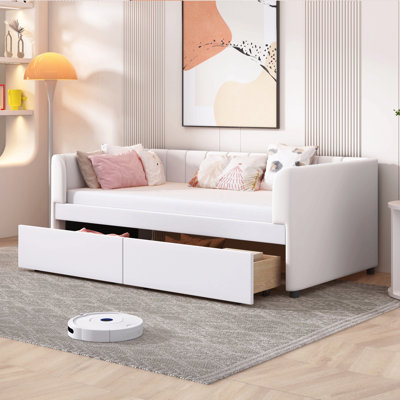 Lit de jour simple rembourré avec dossier ergonomique et 2 tiroirs