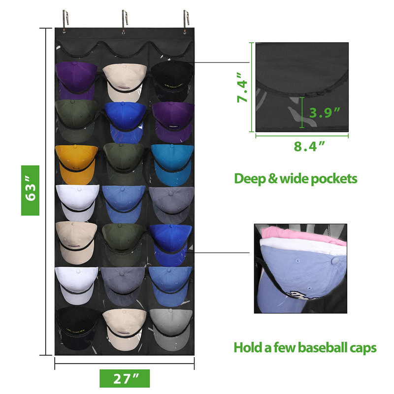 Porte-chapeaux pour casquettes de baseball, porte-chapeau visible pour porte murale avec 3 crochets, 24 poches profondes