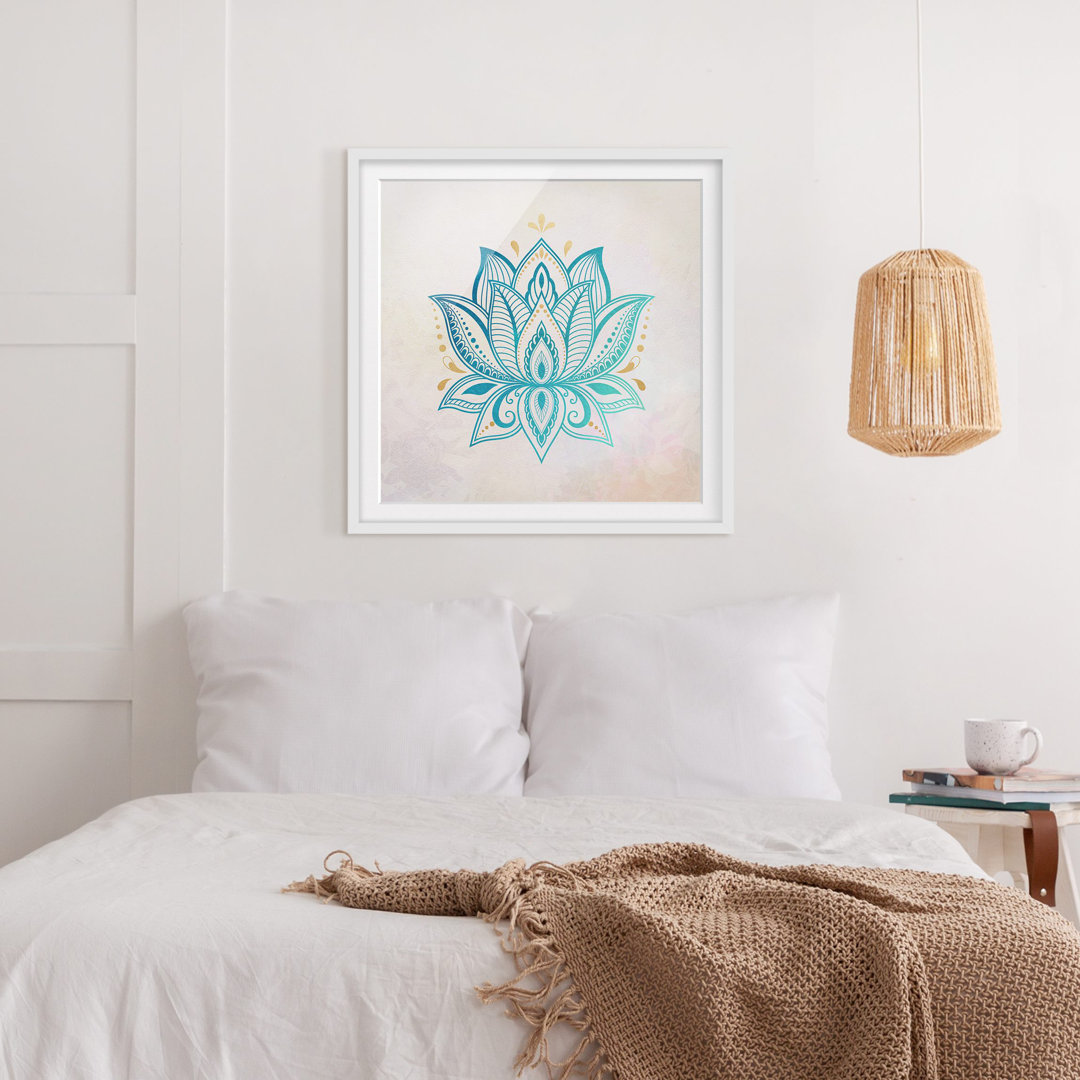 Gerahmtes Poster-Lotus-Illustrations-Mandala-Goldblau