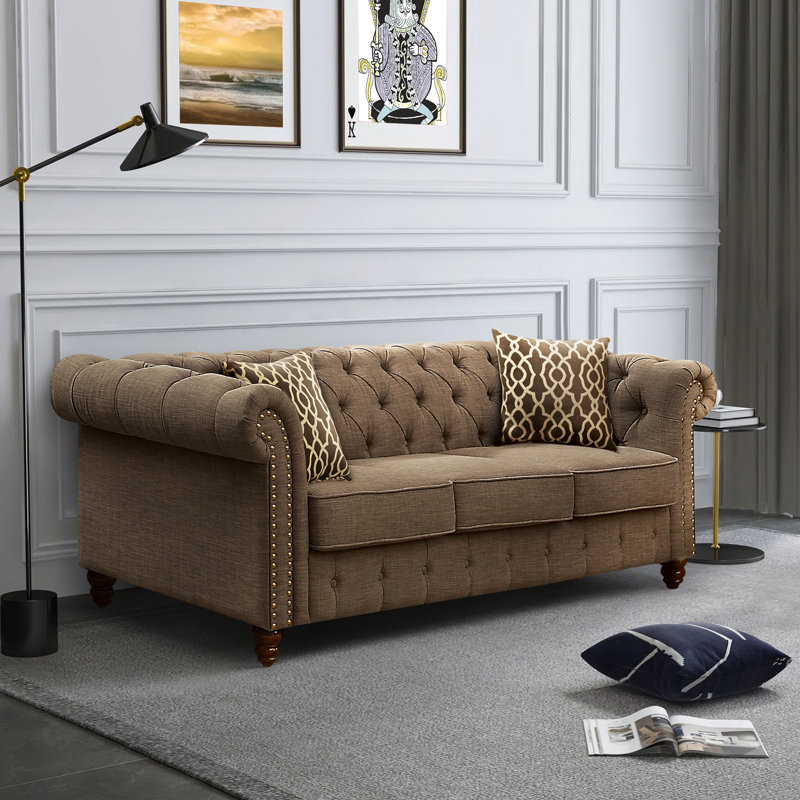 Canapé Chesterfield Carlson avec coussins décoratifs, Lin brun