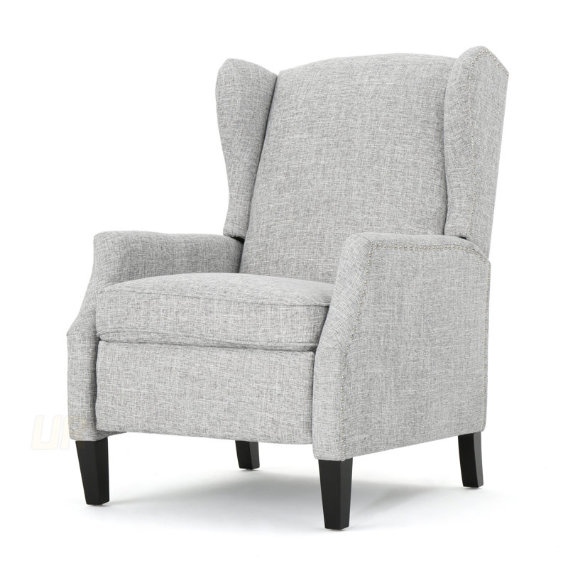 Pushback Recliner Chair, Modern Fabric Wingback Armchair With Nailhead Trim, And Wood Legs, Classic Living Room Recliner For Bedroom