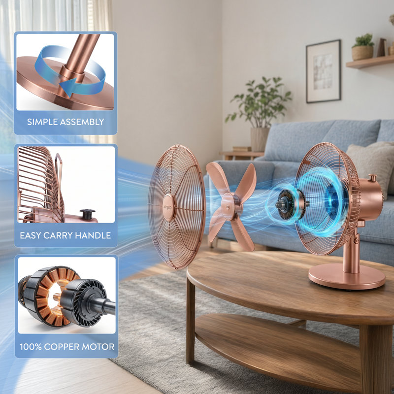 12″ Desk Fan with Adjustable Tilt & 4 Speed Settings, Copper Brushed