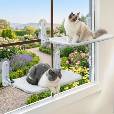 2 Pack Cordless Foldable Cat Window Perch Hammock with Metal Frame & Reversible Cover, Large Suction Cups Window Resting Seat for Indoor Cats, M-2PC
