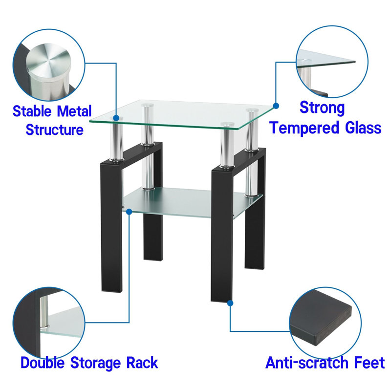 Clear Glass and Black Metal 3-Piece Coffee and End Table Set