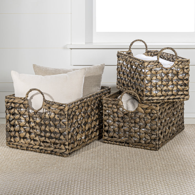 Paniers de rangement rectangulaires en jacinthe tissée avec poignées Burruss Bohemian Cottage (ensemble de 3), Brun