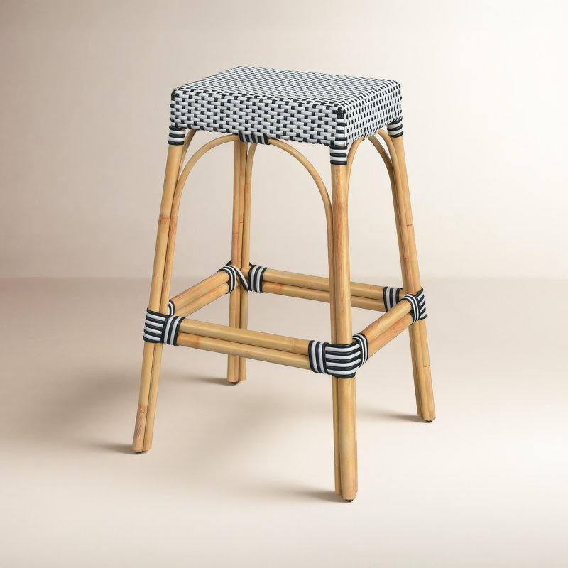 Robias Rattan Bar & Counter Stool, Glossy White/ Natural Rattan Frame, Bar Stool (30" Seat Height)