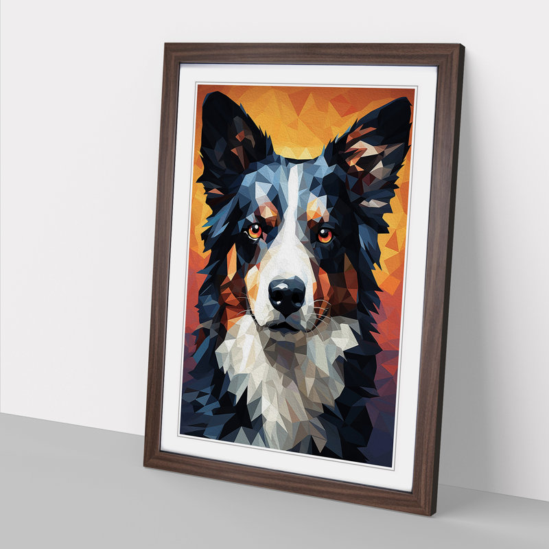 Border Collie Geometric - Single Picture Frame Print on Wood, Walnut Framed, 34cm H x 25cm W x 2cm D