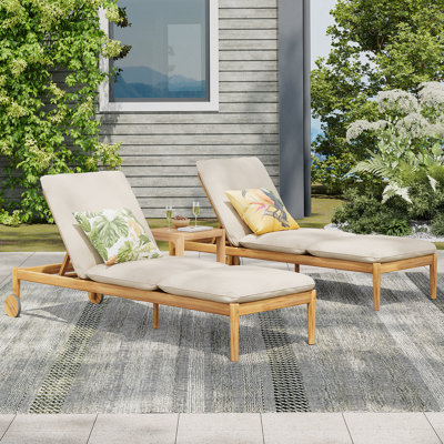 Chaise longue d'extérieur avec roulettes, structure en bois d'acacia (ensemble de 2)