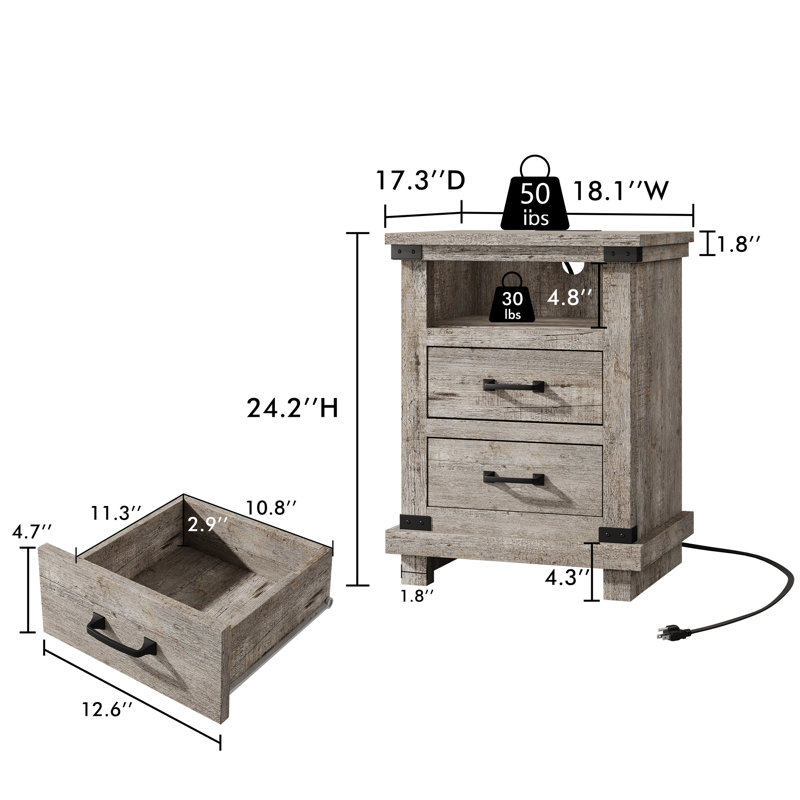 Farmhouse Nightstand Set with Charging Station Set of 2, Light Gray, Light Gray, 2