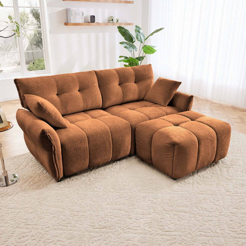 Canapé en chenille 2 places avec repose-pieds, Orange brûlé