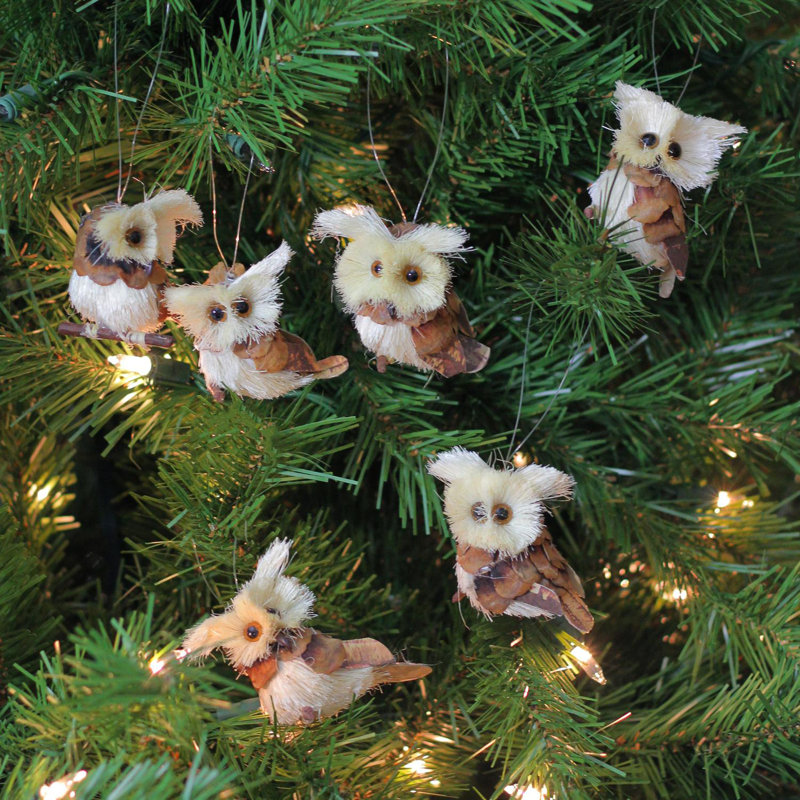 Set of 6 Rustic Brown and Ivory Sisal Owl Ornaments