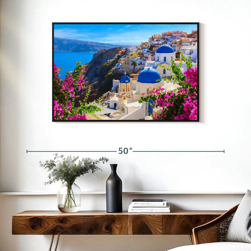 Perspectives d'Oia, Cadre flottant noir, 37 po x 25 po