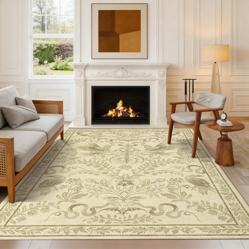Floral Snake & Bird Print Machine Washable Area Rug with Non-Slip TPR Backing for Living Room Bedroom Dining, Soft Plush Foldable Carpet