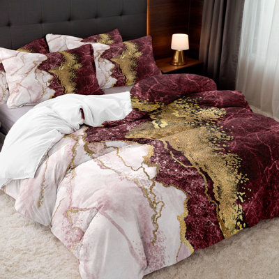 Literie Orylavena en microfibre à motif marbre bordeaux, blanc et or avec 2 taies d'oreiller, 1 place, 3 pièces (garnitures non comprises)