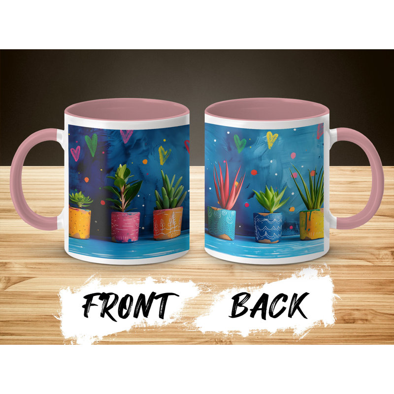 Kids Drawing Style 11oz Accent Mugs – Ceramic Coffee Cup with a Pink Handle and Interior