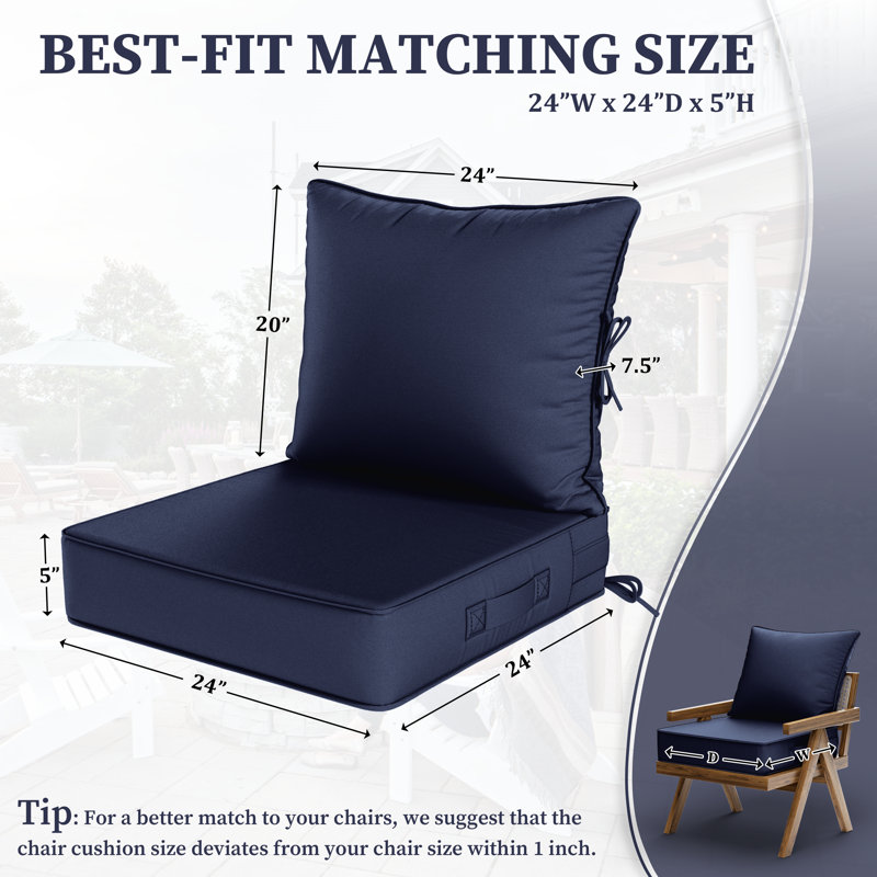 Outdoor Deep Seating Cushion Set Indoor And Outdoor Seat / Back Cushion, Navy, 24" W x 24" D