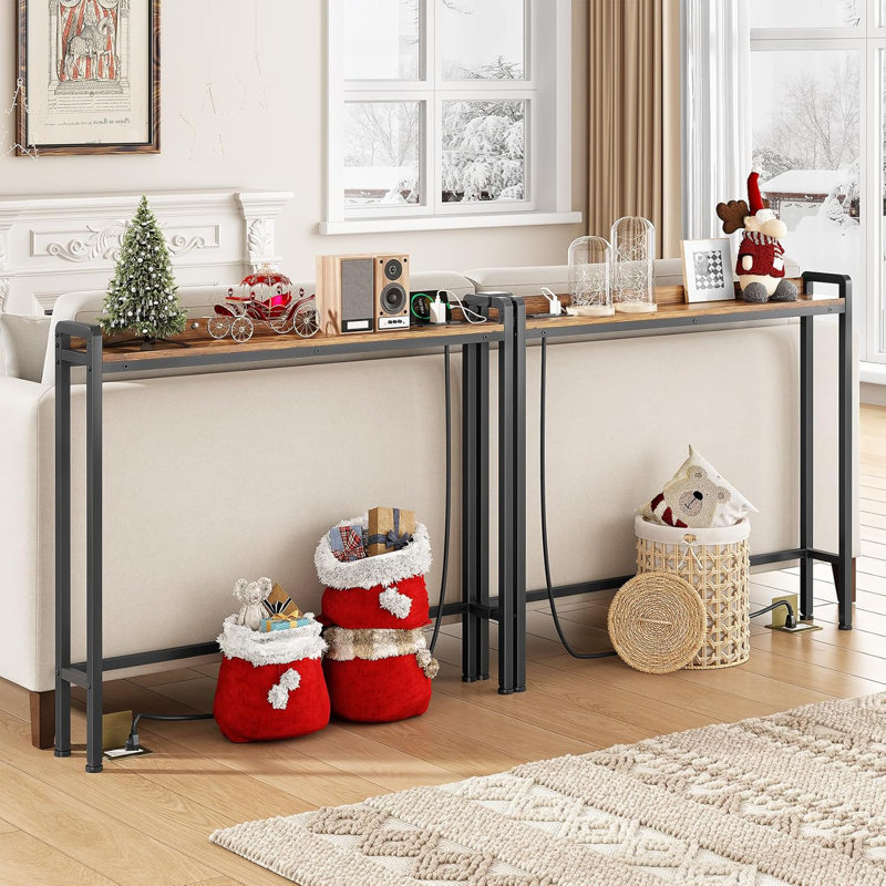 Rustic Brown Narrow Console Table With Built-In Power Outlets, 2 Outlets & 2 USB Ports, Adjustable Anti-Tilt, 6.5Ft Cord, 39.4" L X 33.3" H X 5.9" D, Behind Sofa Entryway Table