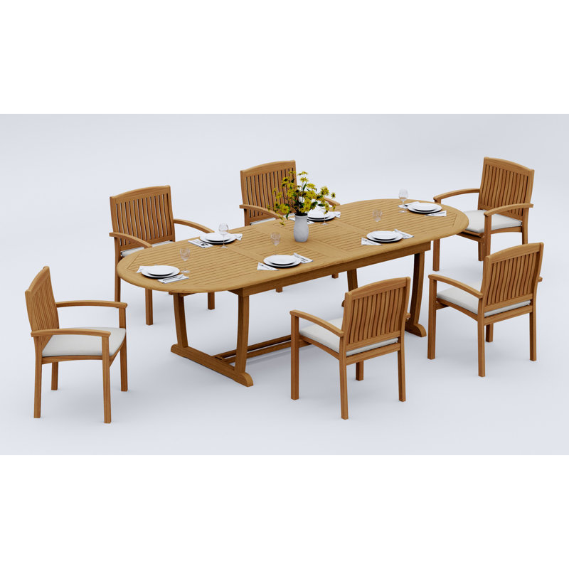 Ensemble de salle à manger 7 pièces en bois de teck de qualité A: table de chevet ovale à tréteaux à double rallonge de 118 po et fauteuils empilables Wave # 11WV2706