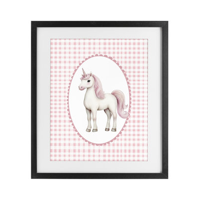 Pink Gingham Unicorn Framed Print Under Glass, design by Christine Simpson Art