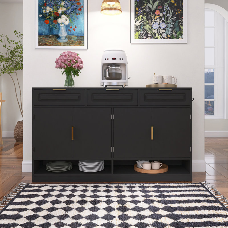 Farmhouse Sideboard With 3 Drawers & 4 Doors,59.1" Multi-Functional Storage Buffet With Adjustable Shelf And Open Storage Compartments,Black