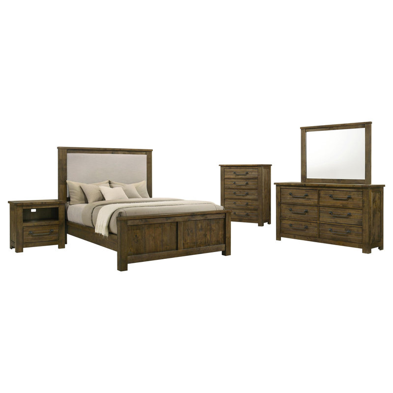 Danielo 4 Piece Upholstered Linen Bedroom Set, 5 pièces: lit, table de chevet, commode, miroir,, California King