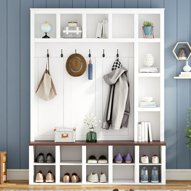 Minimalist Wooden Hall Tree With 6 Hooks, Adjustable Shelves, And 13 Cubbies For Entryway Storage