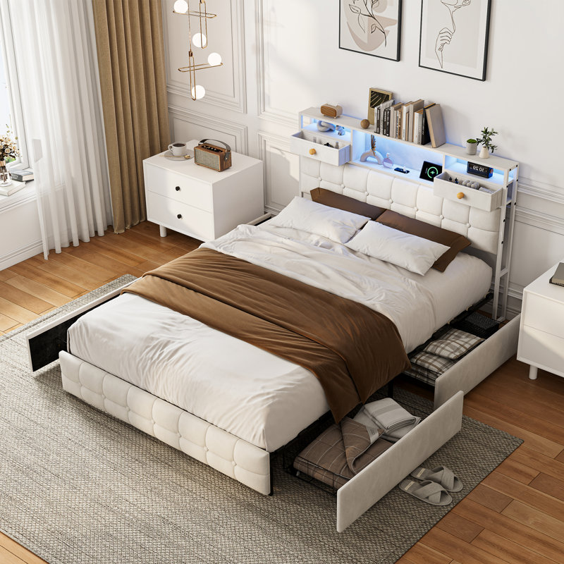 Storage Bed, Beige, European Kingsize (160 x 200 cm)